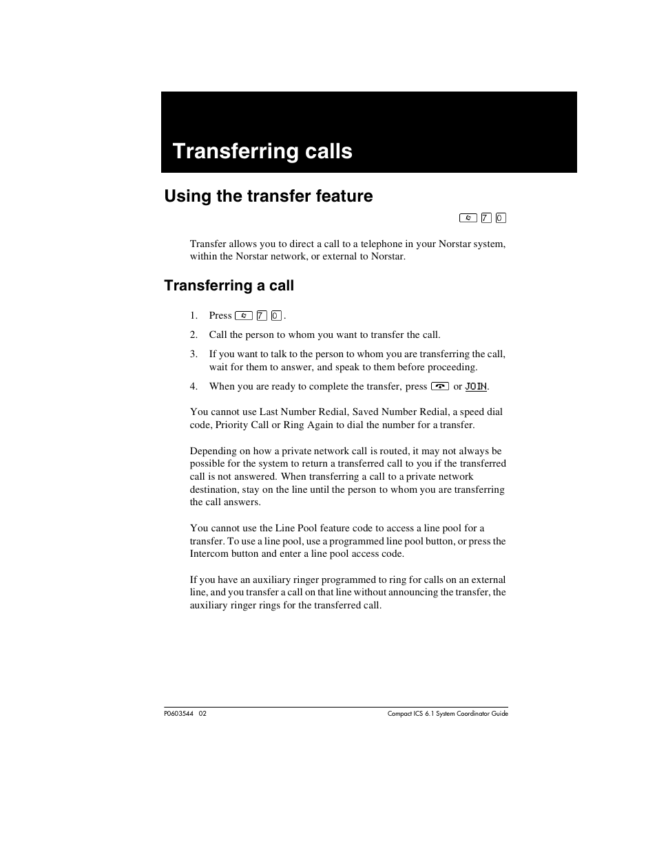 Transferring calls, Using the transfer feature, Transferring a call | Transferring calls 111, Transferring a call 111, Sending a message 132 | Nortel Networks 6.1 User Manual | Page 111 / 278