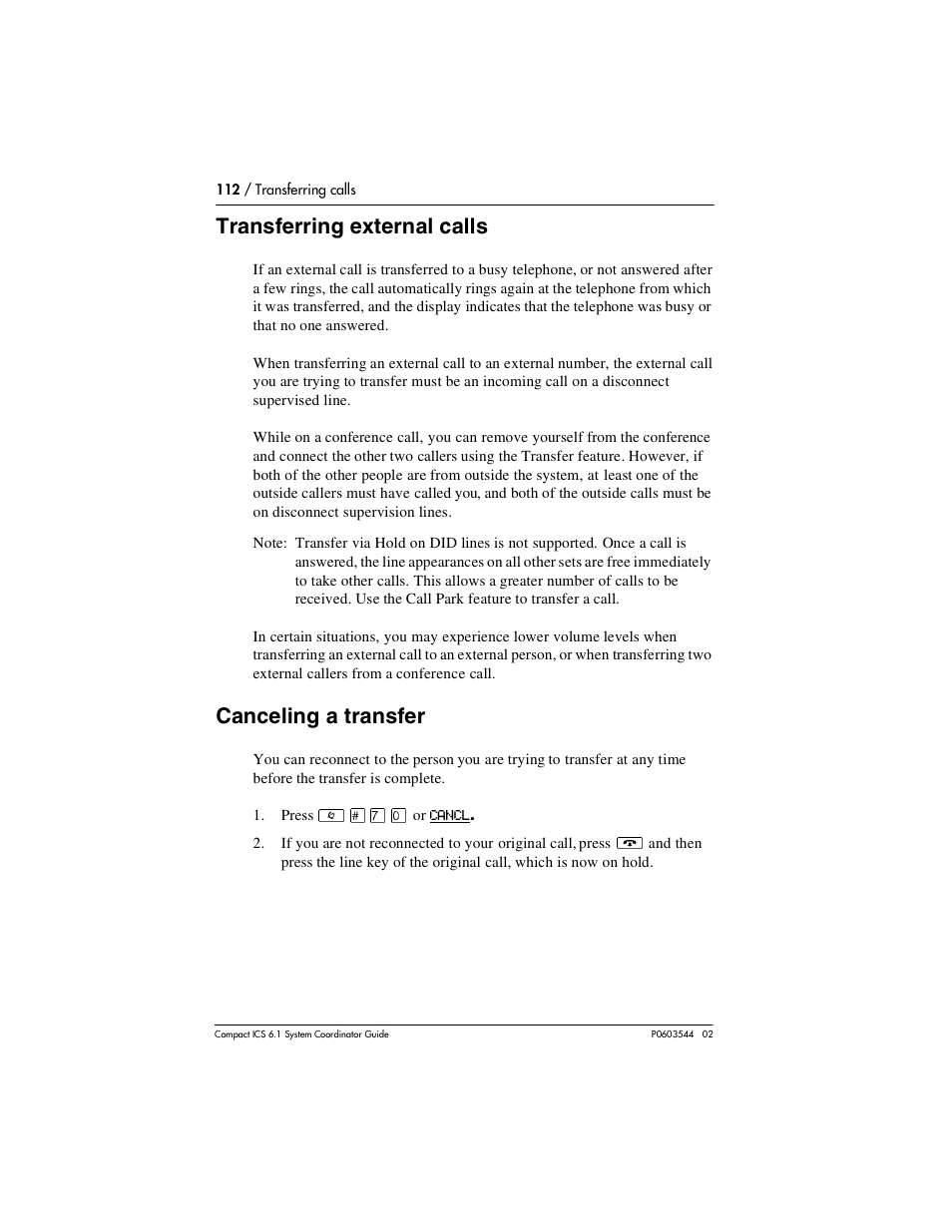 Transferring external calls, Canceling a transfer, Transferring external calls 112 | Canceling a transfer 112 | Nortel Networks 6.1 User Manual | Page 112 / 278