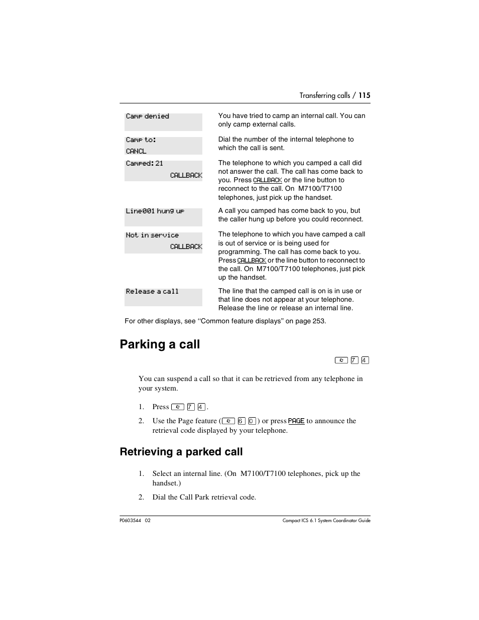 Parking a call, Retrieving a parked call, Parking a call 115 | Retrieving a parked call 115 | Nortel Networks 6.1 User Manual | Page 115 / 278