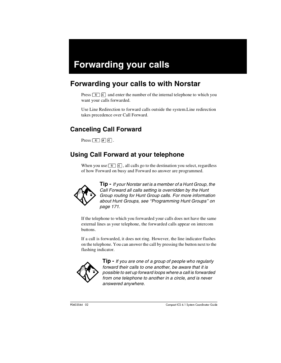 Forwarding your calls, Forwarding your calls to with norstar, Canceling call forward | Using call forward at your telephone, Forwarding your calls 119, Forwarding your calls to with norstar 119, Canceling call forward 119, Using call forward at your telephone 119 | Nortel Networks 6.1 User Manual | Page 119 / 278