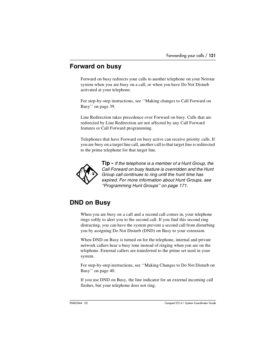 Forward on busy, Dnd on busy, Forward on busy 121 | Dnd on busy 121 | Nortel Networks 6.1 User Manual | Page 121 / 278
