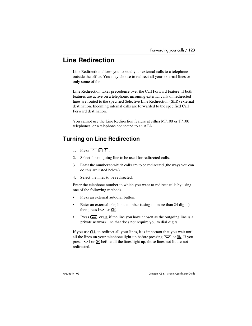 Line redirection, Turning on line redirection, Line redirection 123 | Turning on line redirection 123 | Nortel Networks 6.1 User Manual | Page 123 / 278