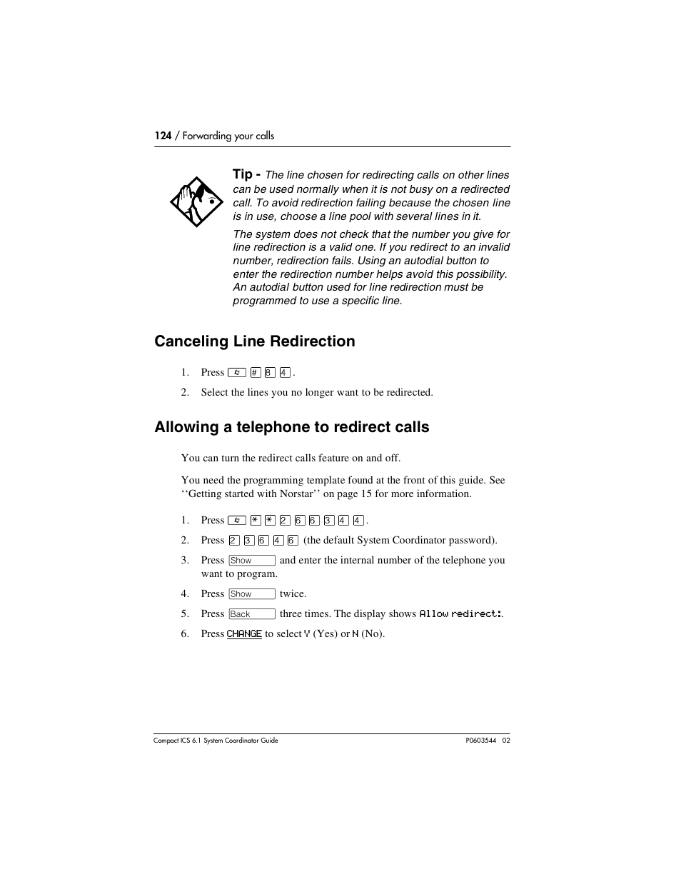 Canceling line redirection, Allowing a telephone to redirect calls, Canceling line redirection 124 | Allowing a telephone to redirect calls 124 | Nortel Networks 6.1 User Manual | Page 124 / 278