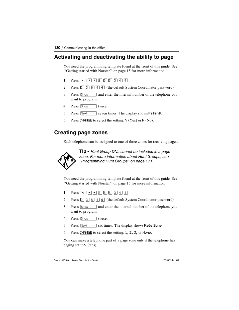 Activating and deactivating the ability to page, Creating page zones | Nortel Networks 6.1 User Manual | Page 130 / 278