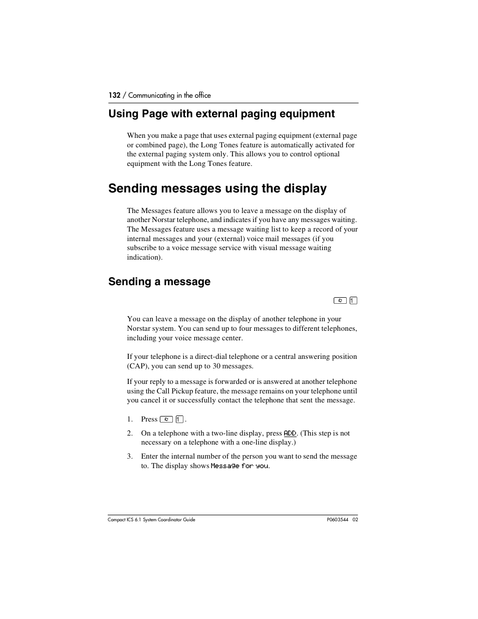 Sending messages using the display, Sending a message, Sending messages using the display 132 | Applying button labelling 151, Using page with external paging equipment | Nortel Networks 6.1 User Manual | Page 132 / 278