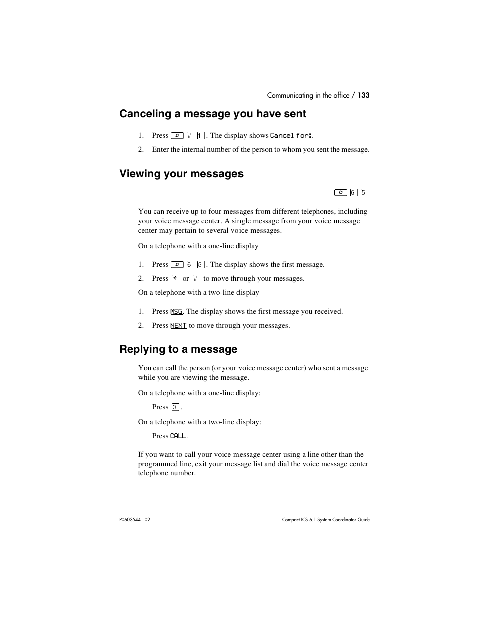Canceling a message you have sent, Viewing your messages, Replying to a message | Canceling a message you have sent 133, Viewing your messages 133, Replying to a message 133 | Nortel Networks 6.1 User Manual | Page 133 / 278