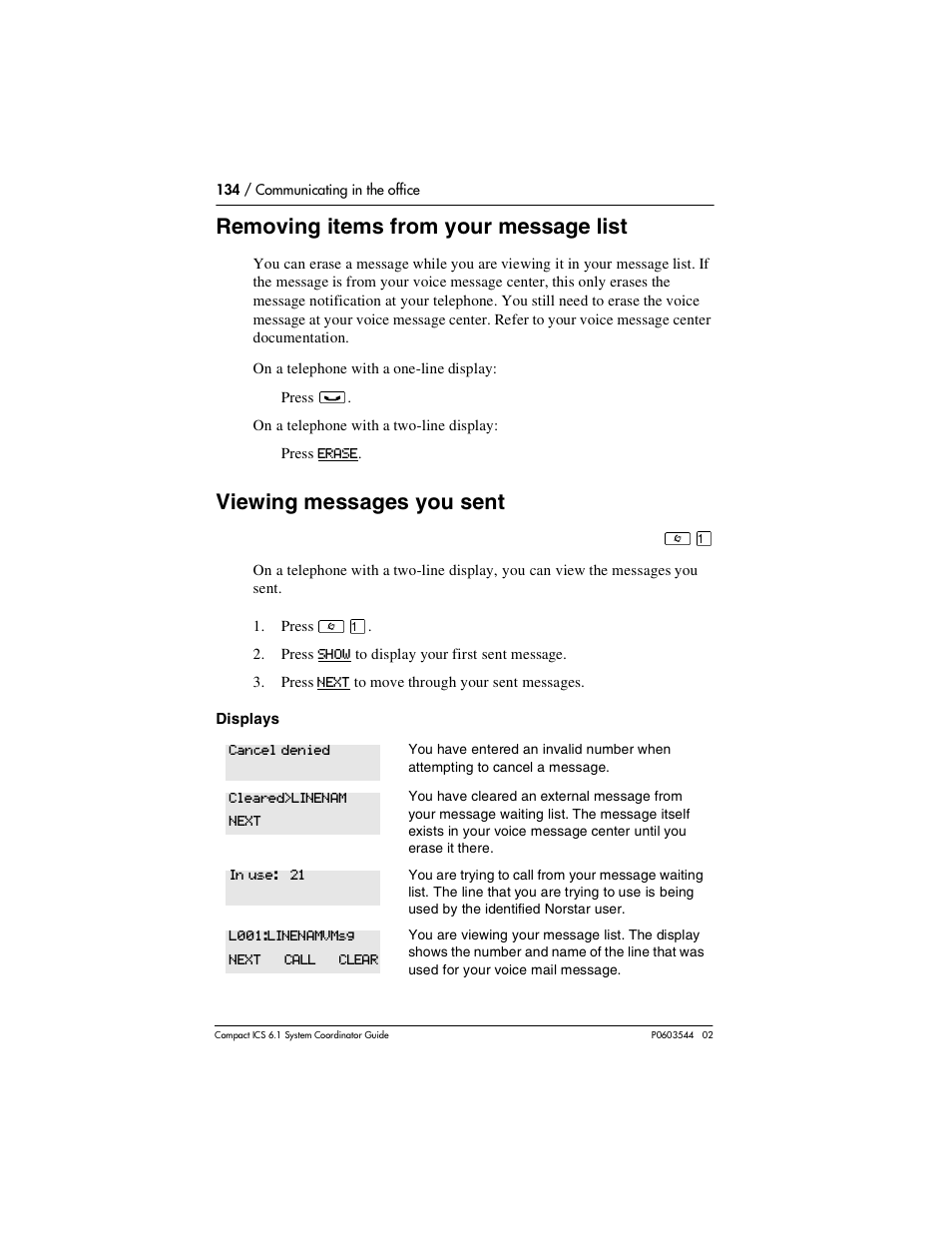 Removing items from your message list, Viewing messages you sent, Removing items from your message list 134 | Viewing messages you sent 134 | Nortel Networks 6.1 User Manual | Page 134 / 278