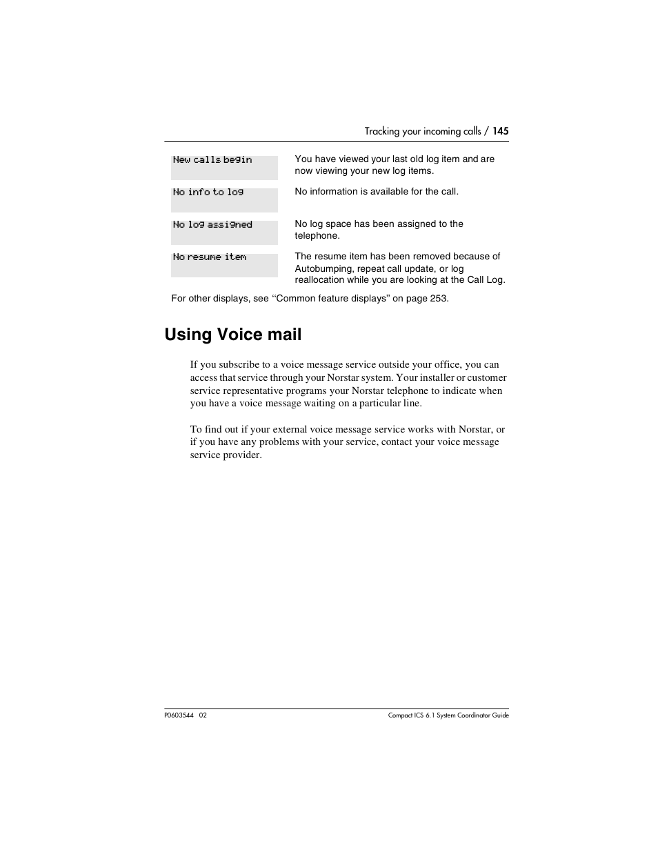 Using voice mail, Using voice mail 145 | Nortel Networks 6.1 User Manual | Page 145 / 278