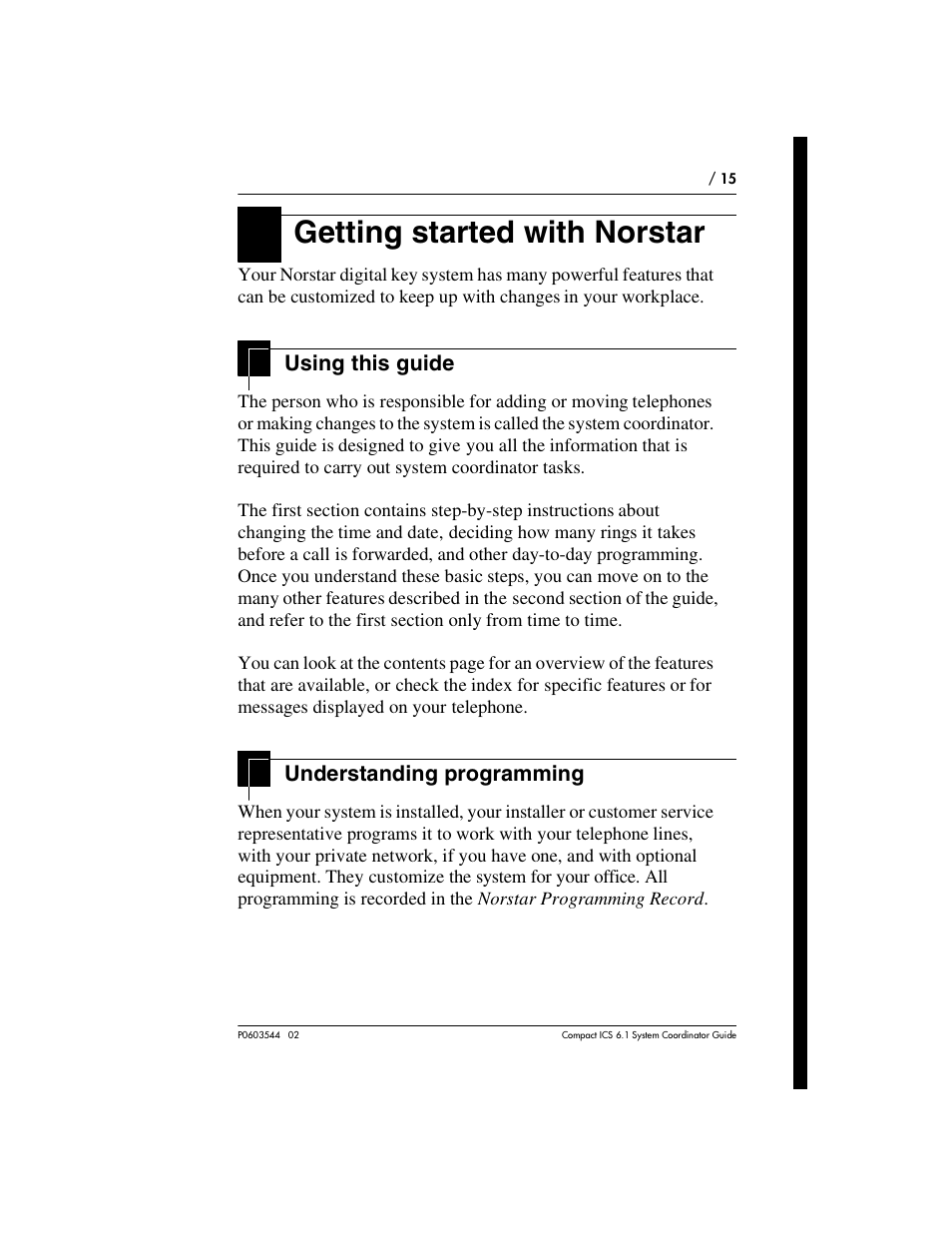 Getting started with norstar, Using this guide, Understanding programming | Getting started with norstar 15, Using this guide 15, Understanding programming 15 | Nortel Networks 6.1 User Manual | Page 15 / 278