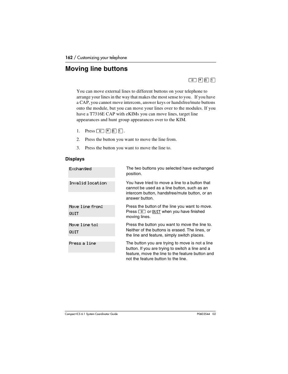 Moving line buttons, Moving line buttons 162, Moving line buttons’’ on | Nortel Networks 6.1 User Manual | Page 162 / 278