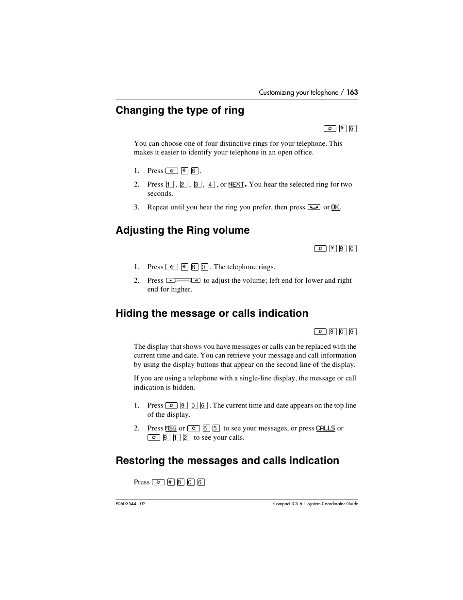 Changing the type of ring, Adjusting the ring volume, Hiding the message or calls indication | Restoring the messages and calls indication, Changing the type of ring 163, Adjusting the ring volume 163, Hiding the message or calls indication 163, Restoring the messages and calls indication 163 | Nortel Networks 6.1 User Manual | Page 163 / 278