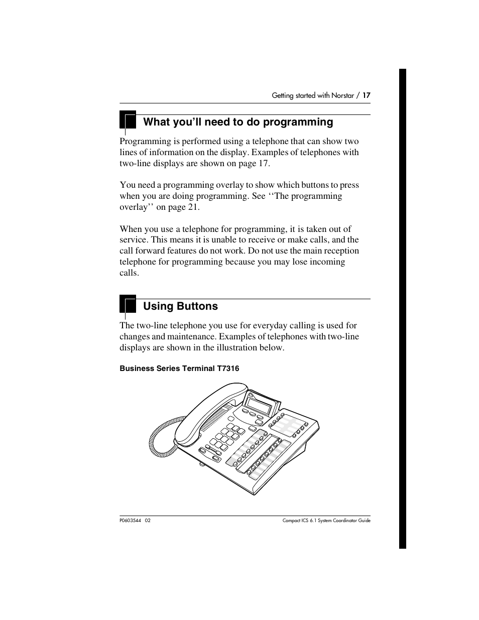 What you’ll need to do programming, Using buttons, What you’ll need to do programming 17 | Using buttons 17 | Nortel Networks 6.1 User Manual | Page 17 / 278
