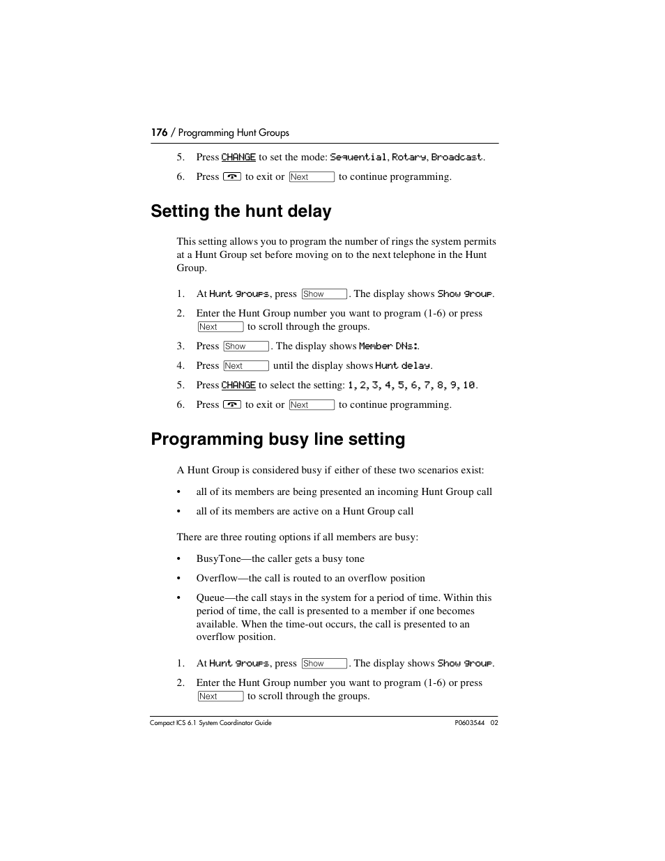 Setting the hunt delay, Programming busy line setting, Setting the hunt delay 176 | Programming busy line setting 176 | Nortel Networks 6.1 User Manual | Page 176 / 278