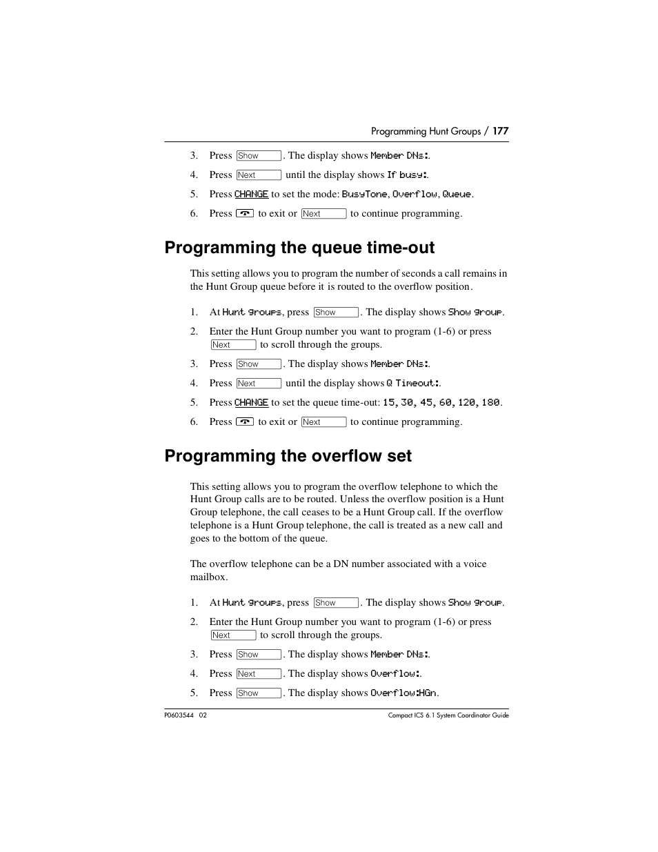 Programming the queue time-out, Programming the overflow set, Programming the queue time-out 177 | Programming the overflow set 177 | Nortel Networks 6.1 User Manual | Page 177 / 278