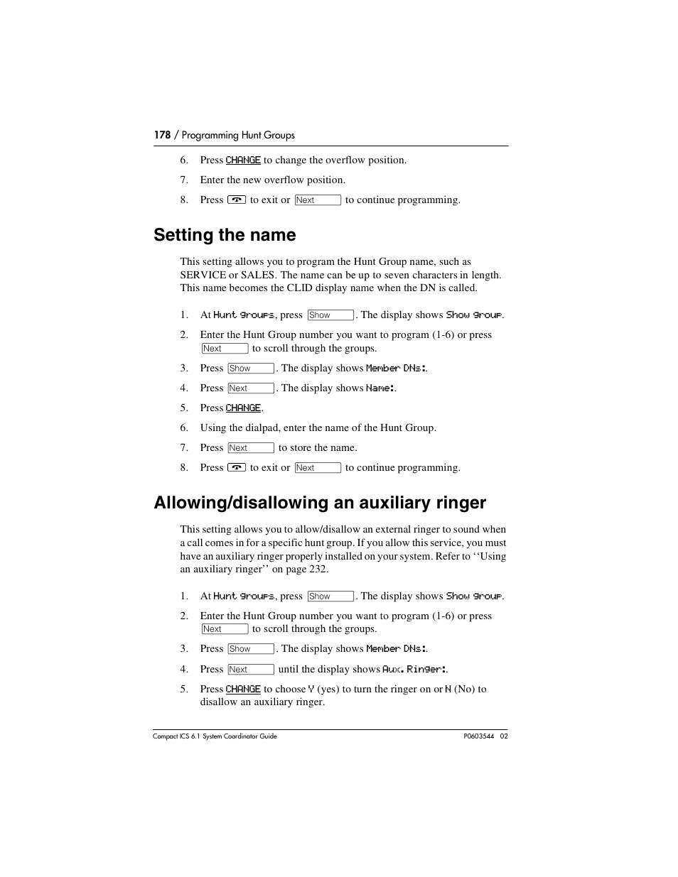 Setting the name, Allowing/disallowing an auxiliary ringer, Setting the name 178 | Allowing/disallowing an auxiliary ringer 178 | Nortel Networks 6.1 User Manual | Page 178 / 278