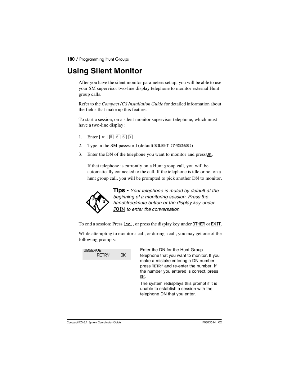 Using silent monitor, Calls automatically 209 | Nortel Networks 6.1 User Manual | Page 180 / 278
