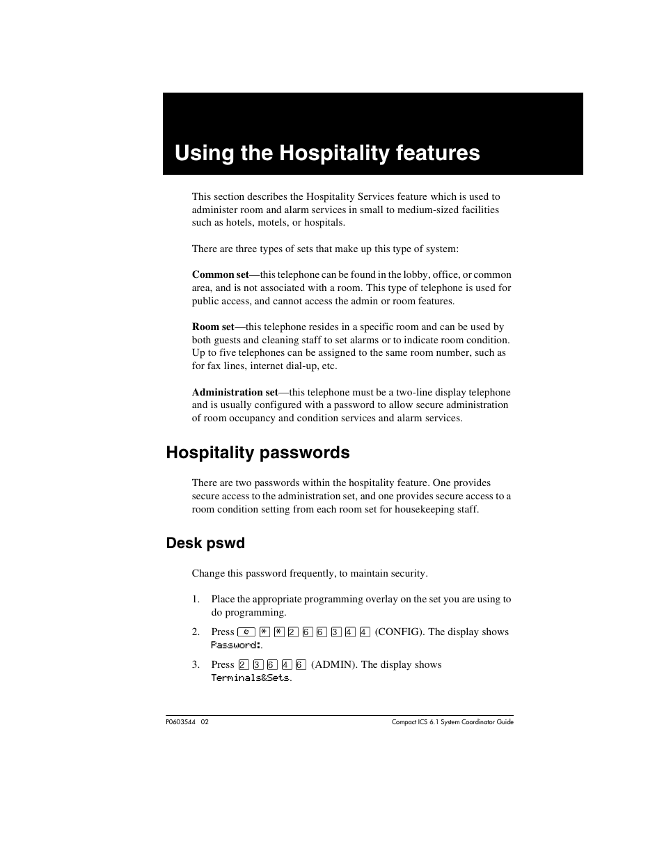 Using the hospitality features, Hospitality passwords, Desk pswd | Using the hospitality features 185, Hospitality passwords 185, Desk pswd 185 | Nortel Networks 6.1 User Manual | Page 185 / 278