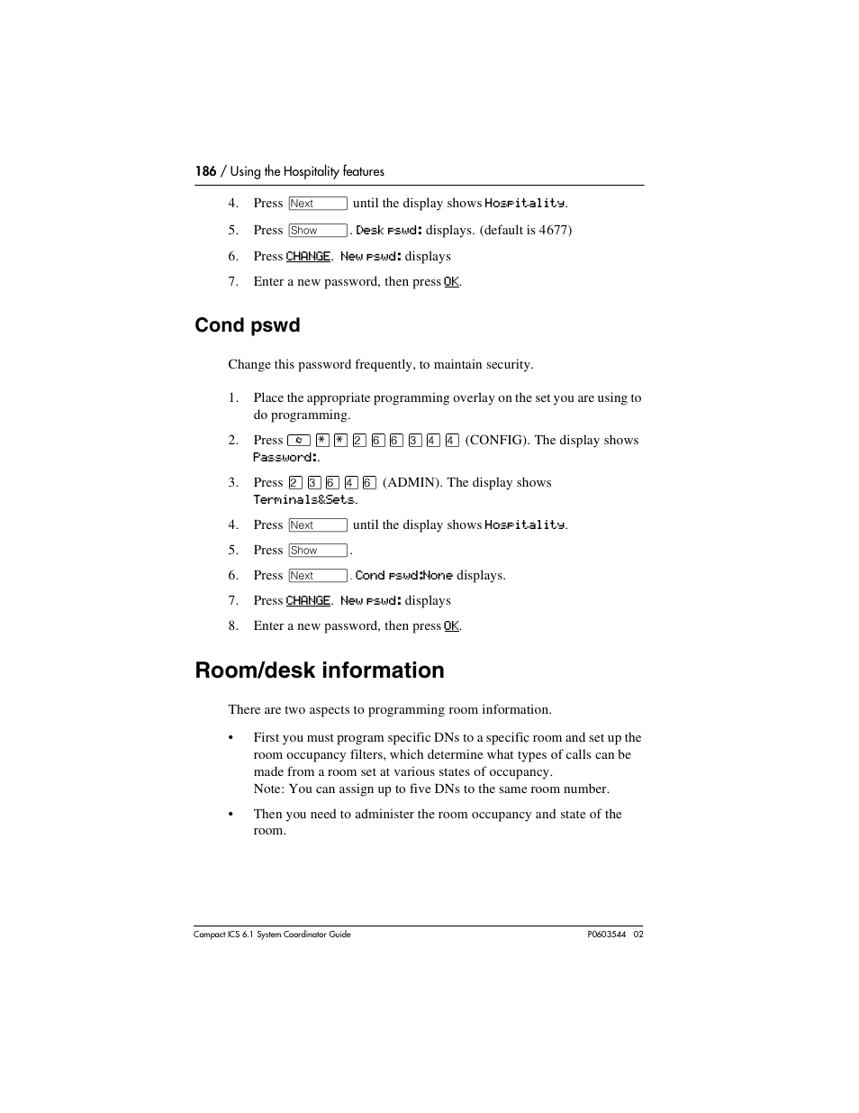 Cond pswd, Room/desk information, Cond pswd 186 | Room/desk information 186 | Nortel Networks 6.1 User Manual | Page 186 / 278