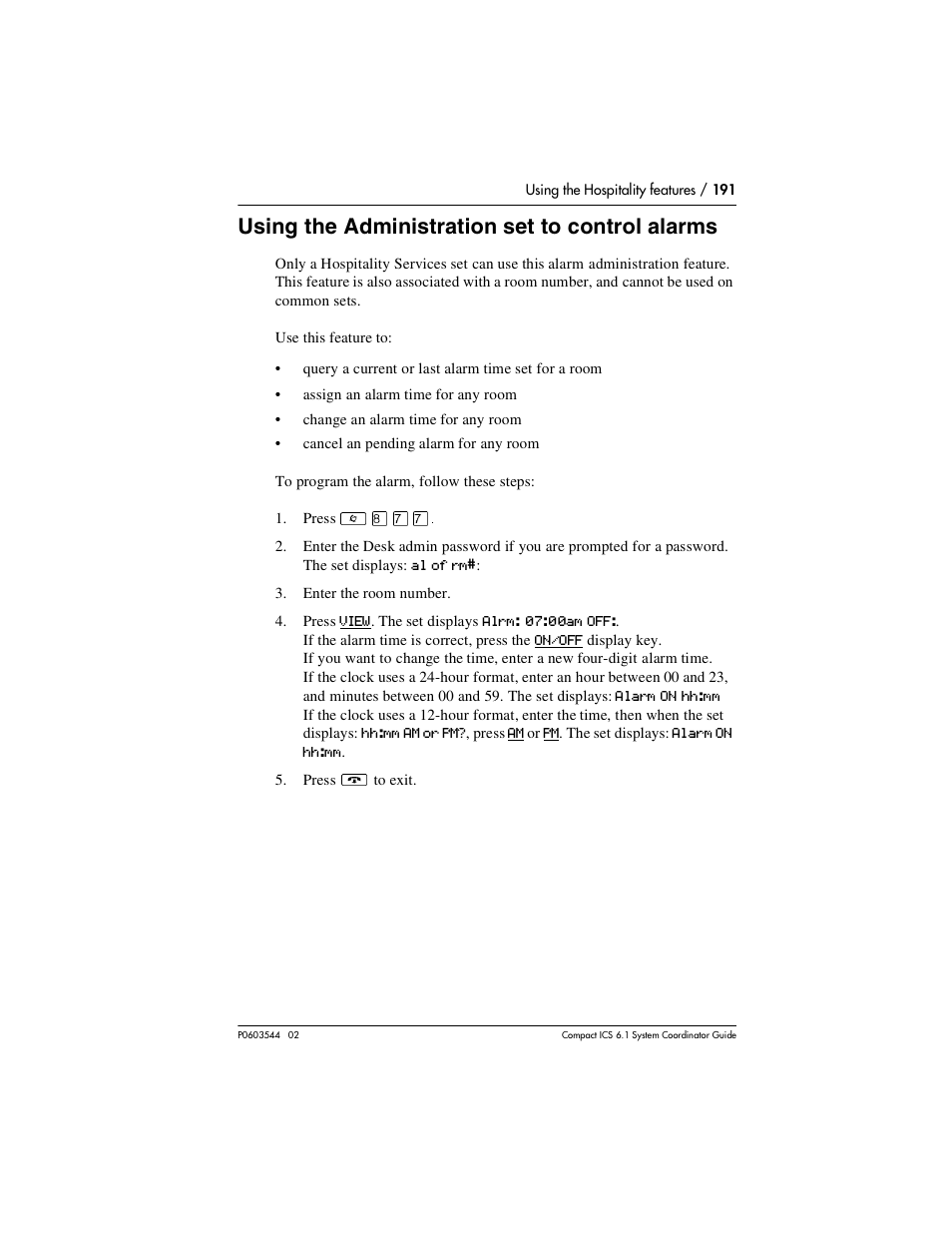 Using the administration set to control alarms, Using the administration set to control alarms 191 | Nortel Networks 6.1 User Manual | Page 191 / 278