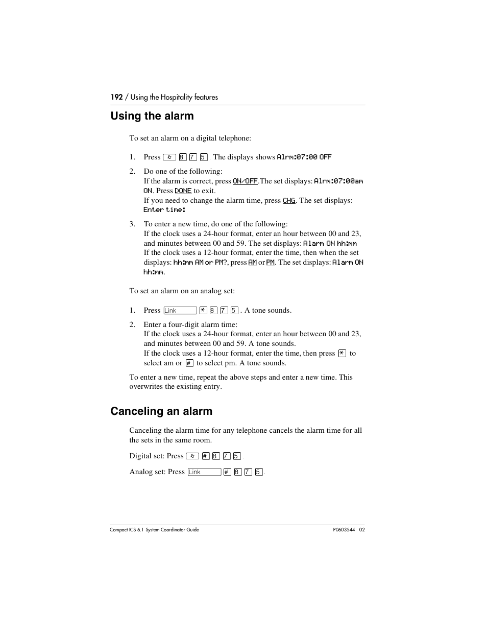 Using the alarm, Canceling an alarm, Using the alarm 192 | Canceling an alarm 192 | Nortel Networks 6.1 User Manual | Page 192 / 278