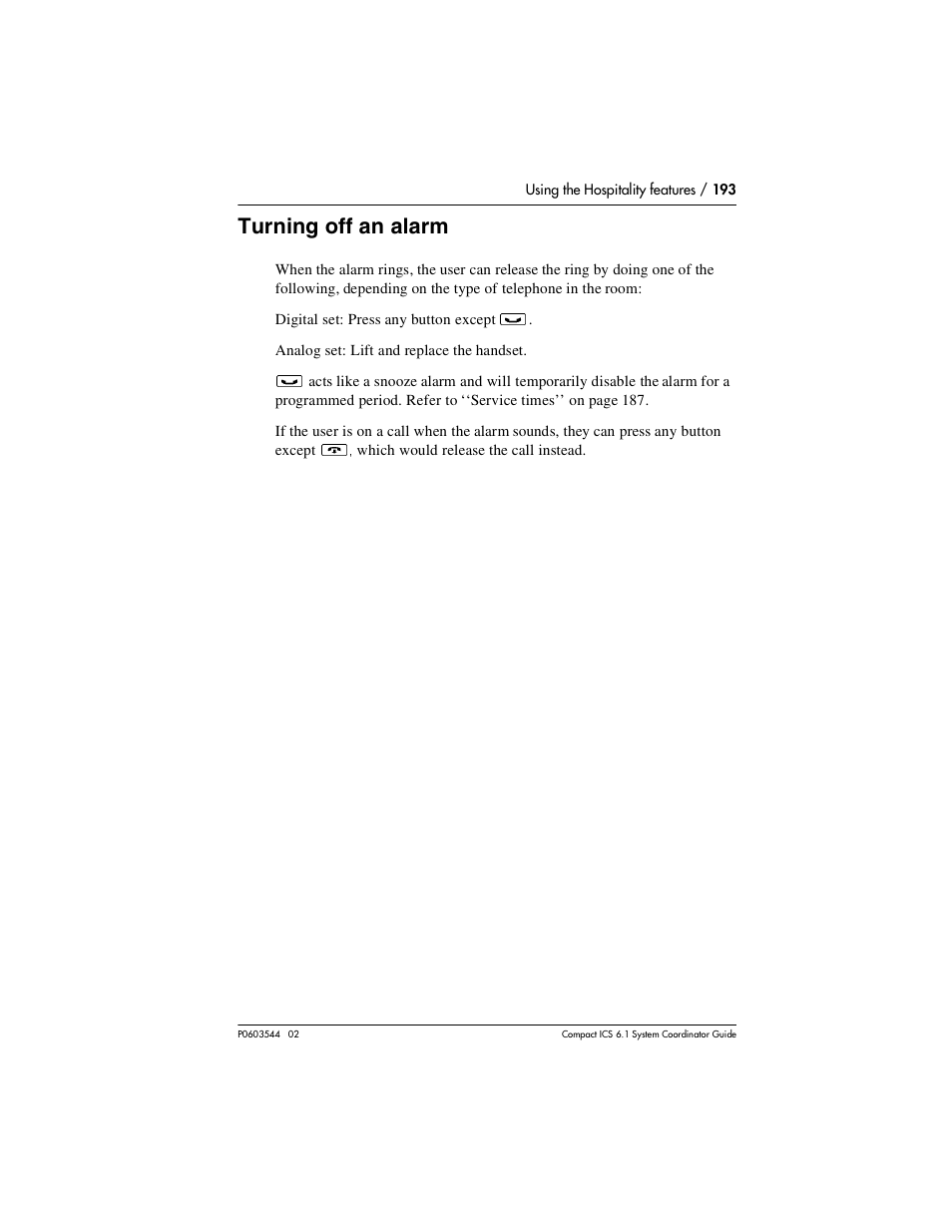 Turning off an alarm, Turning off an alarm 193 | Nortel Networks 6.1 User Manual | Page 193 / 278