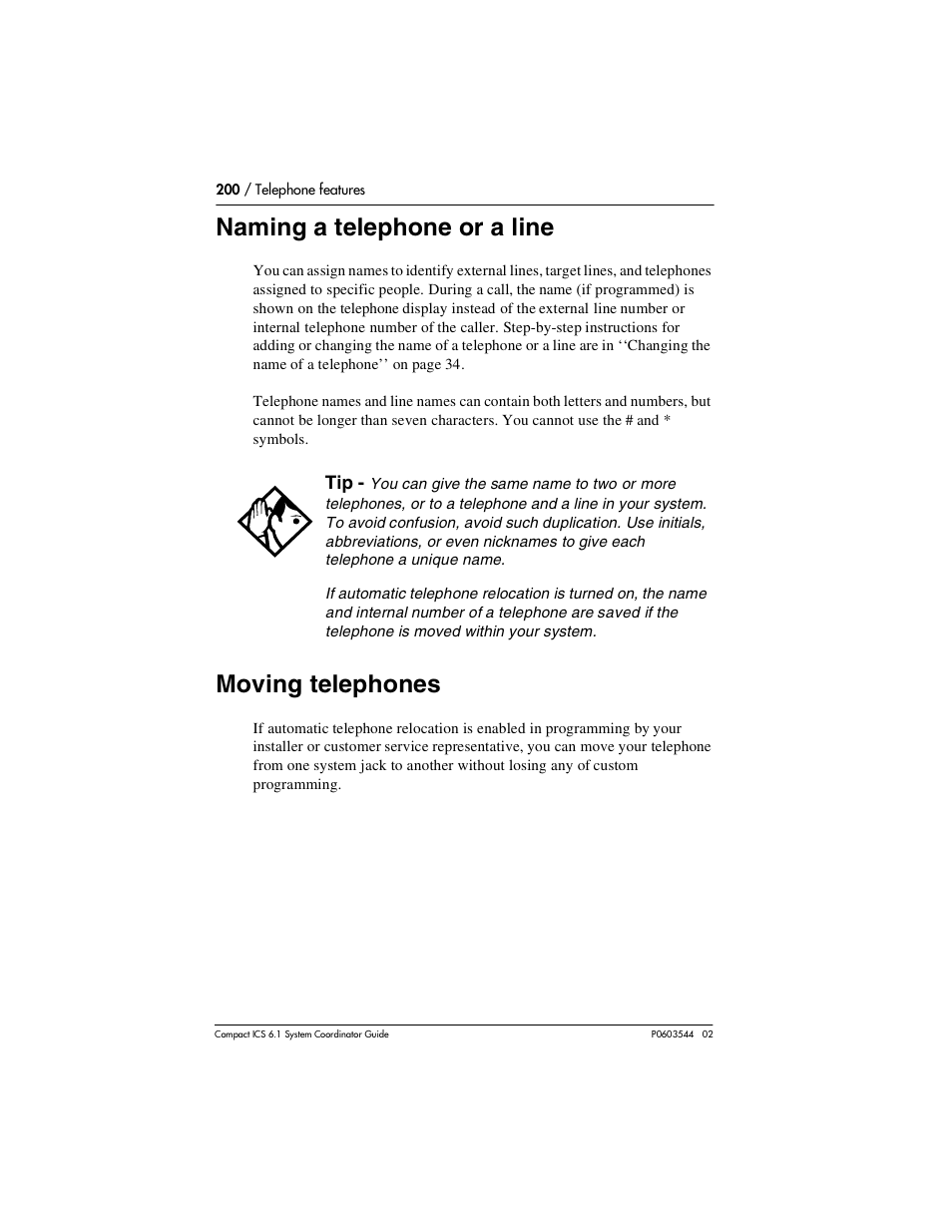 Naming a telephone or a line, Moving telephones, Naming a telephone or a line 200 | Moving telephones 200 | Nortel Networks 6.1 User Manual | Page 200 / 278