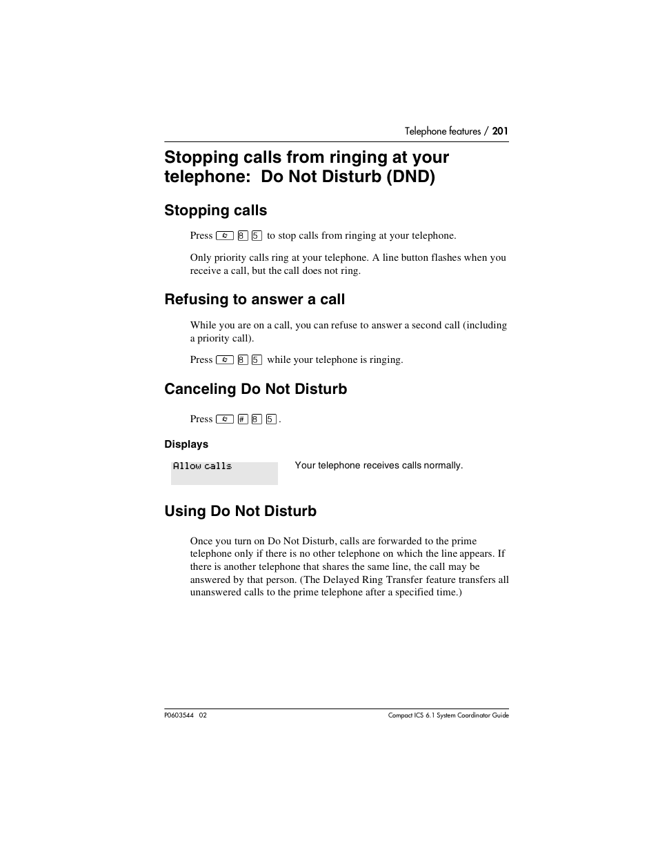 Stopping calls, Refusing to answer a call, Canceling do not disturb | Using do not disturb, Dnd) 201, Stopping calls 201, Refusing to answer a call 201, Canceling do not disturb 201, Using do not disturb 201 | Nortel Networks 6.1 User Manual | Page 201 / 278