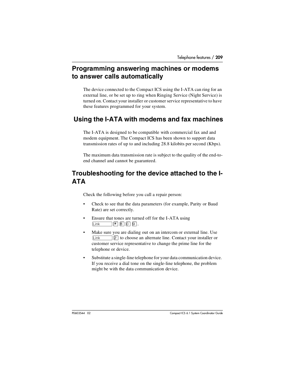 Using the i-ata with modems and fax machines, Programming answering machines or modems to answer, Using the i-ata with modems and fax machines 209 | Turning services on and off 220 | Nortel Networks 6.1 User Manual | Page 209 / 278