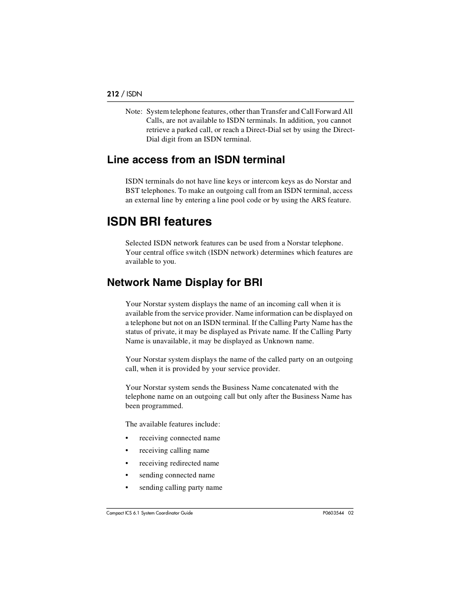 Line access from an isdn terminal, Isdn bri features, Network name display for bri | Line access from an isdn terminal 212, Isdn bri features 212, Network name display for bri 212 | Nortel Networks 6.1 User Manual | Page 212 / 278