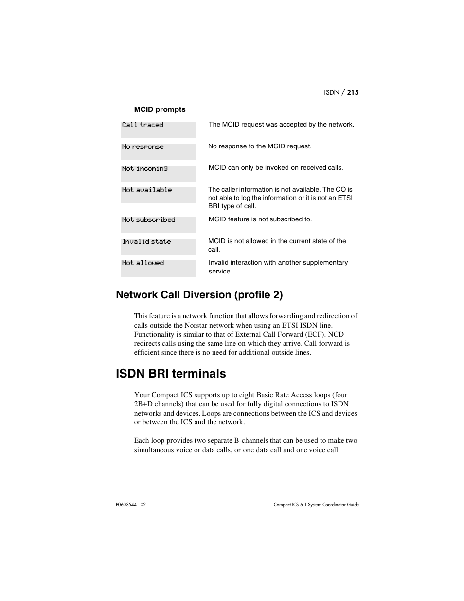 Network call diversion (profile 2), Isdn bri terminals, Network call diversion (profile 2) 215 | Isdn bri terminals 215 | Nortel Networks 6.1 User Manual | Page 215 / 278