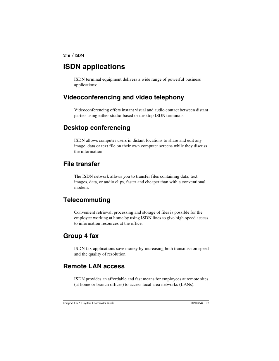 Isdn applications, Videoconferencing and video telephony, Desktop conferencing | File transfer, Telecommuting, Group 4 fax, Remote lan access, Isdn applications 216, Videoconferencing and video telephony 216, Desktop conferencing 216 | Nortel Networks 6.1 User Manual | Page 216 / 278