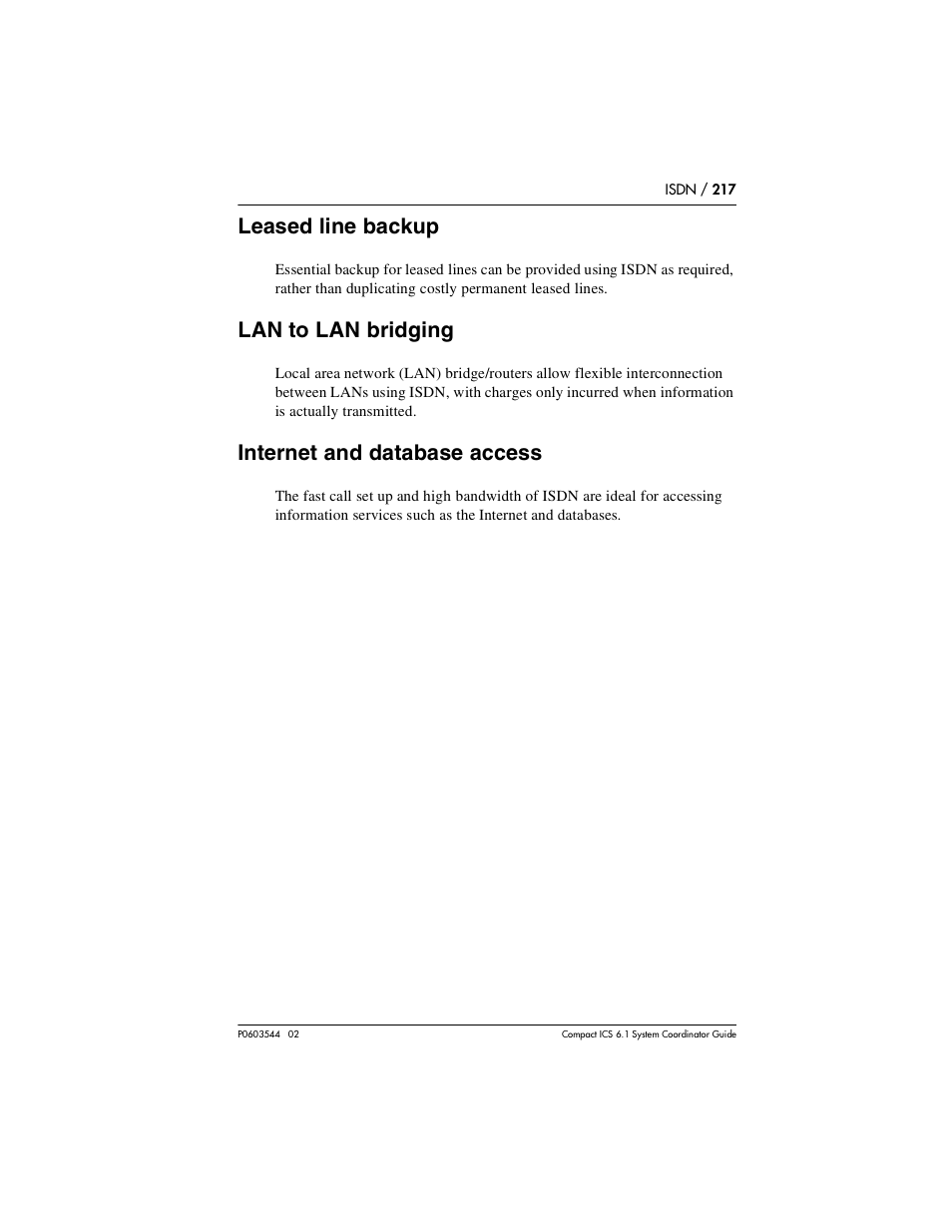 Leased line backup, Lan to lan bridging, Internet and database access | Leased line backup 217, Lan to lan bridging 217, Internet and database access 217 | Nortel Networks 6.1 User Manual | Page 217 / 278