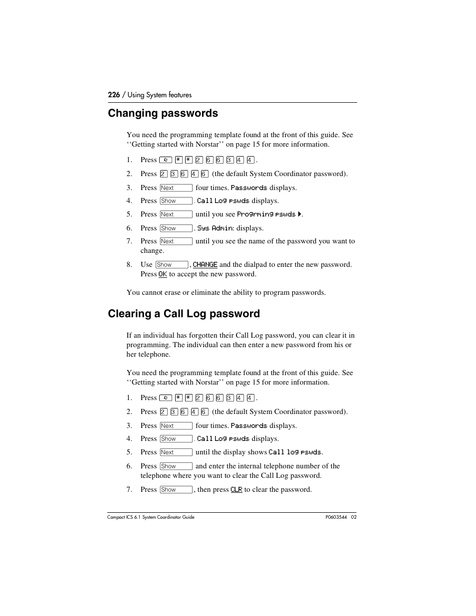 Changing passwords, Clearing a call log password, Changing passwords 226 | Clearing a call log password 226 | Nortel Networks 6.1 User Manual | Page 226 / 278