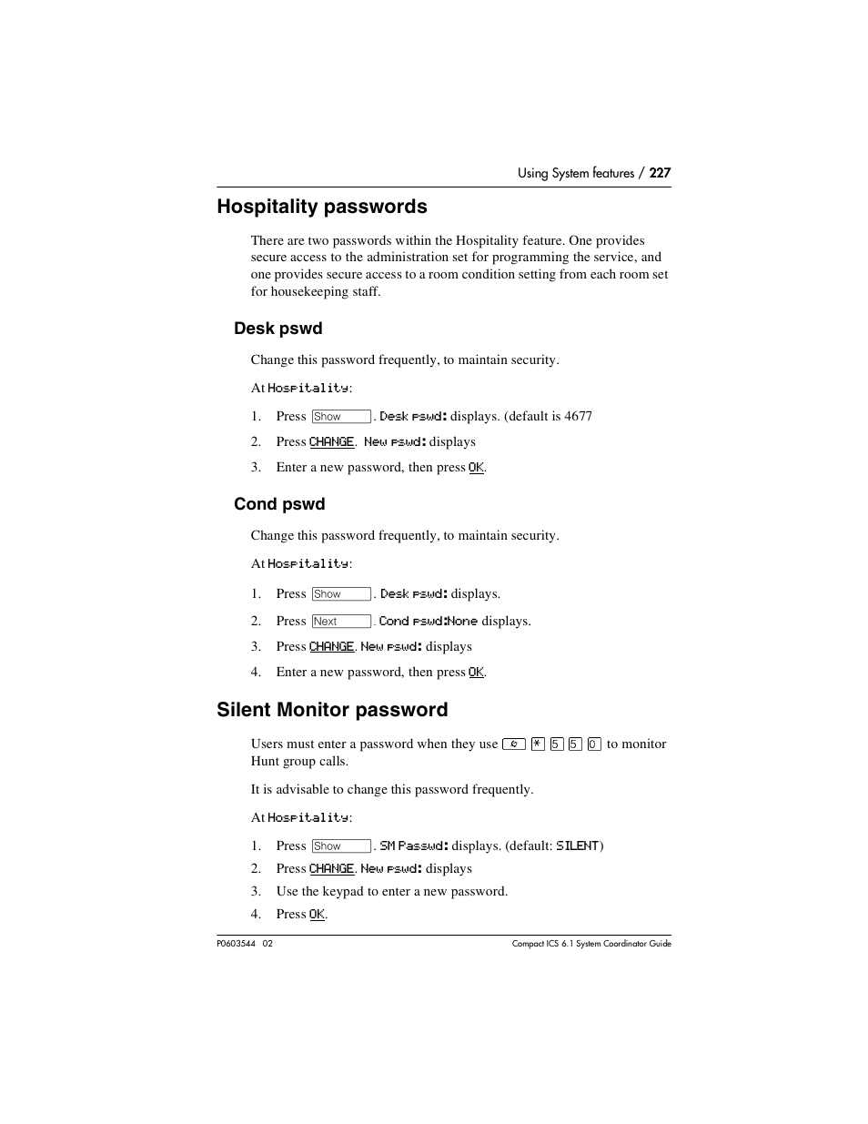 Hospitality passwords, Silent monitor password, Hospitality passwords 227 | Silent monitor password 227 | Nortel Networks 6.1 User Manual | Page 227 / 278