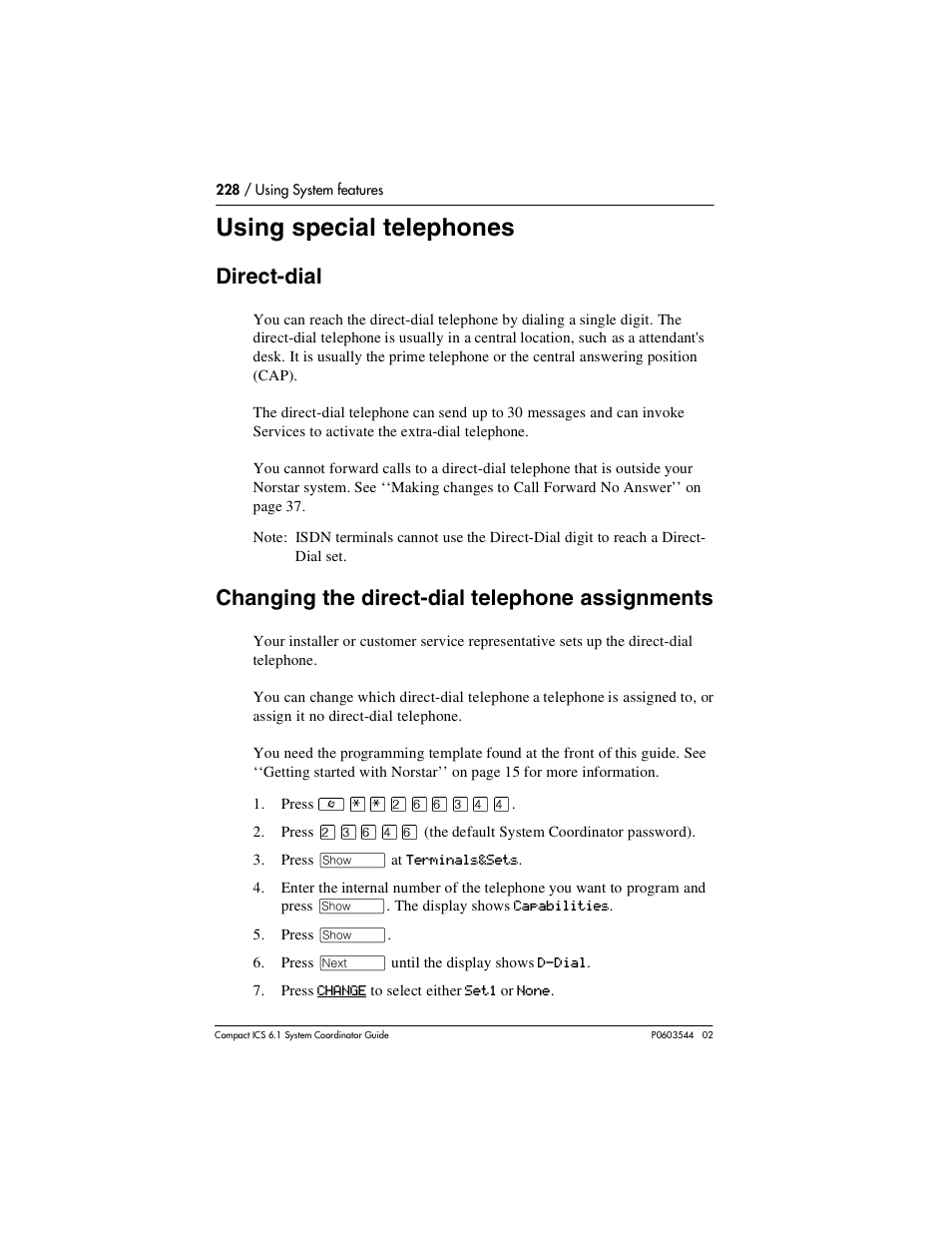 Using special telephones, Direct-dial, Changing the directdial telephone assignments | Using special telephones 228, Direct-dial 228, Changing the direct-dial telephone assignments 228, Changing the direct-dial telephone assignments | Nortel Networks 6.1 User Manual | Page 228 / 278