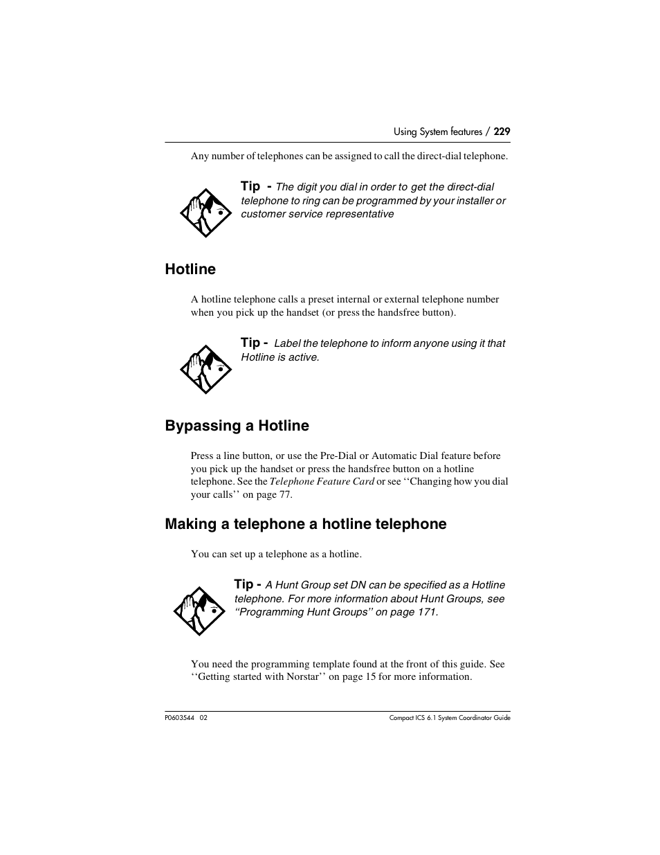 Hotline, Bypassing a hotline, Making a telephone a hotline telephone | Hotline 229, Bypassing a hotline 229, Making a telephone a hotline telephone 229 | Nortel Networks 6.1 User Manual | Page 229 / 278