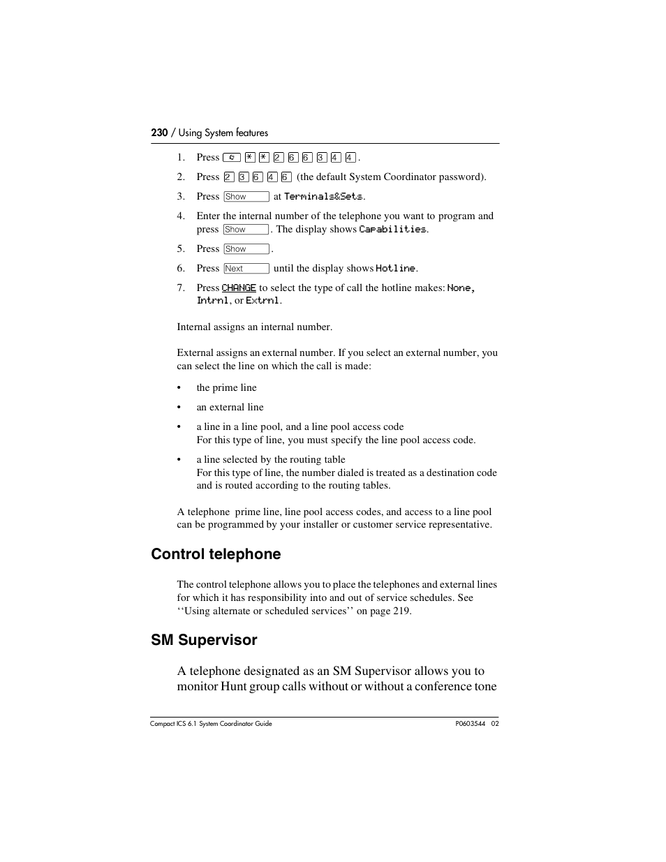 Control telephone, Sm supervisor, Control telephone 230 | Sm supervisor 230 | Nortel Networks 6.1 User Manual | Page 230 / 278