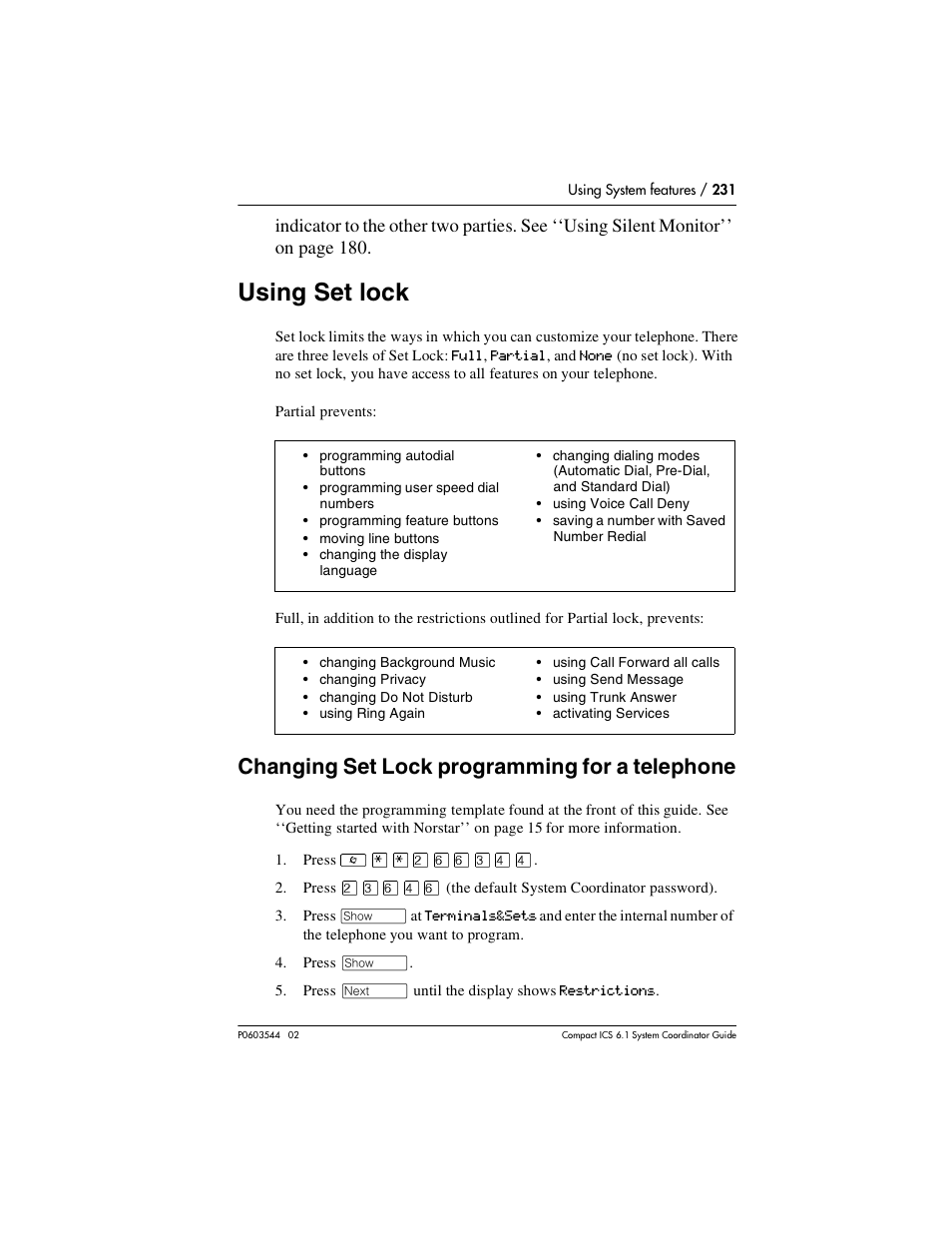 Using set lock, Changing set lock programming for a telephone, Using set lock 231 | Changing set lock programming for a telephone 231 | Nortel Networks 6.1 User Manual | Page 231 / 278