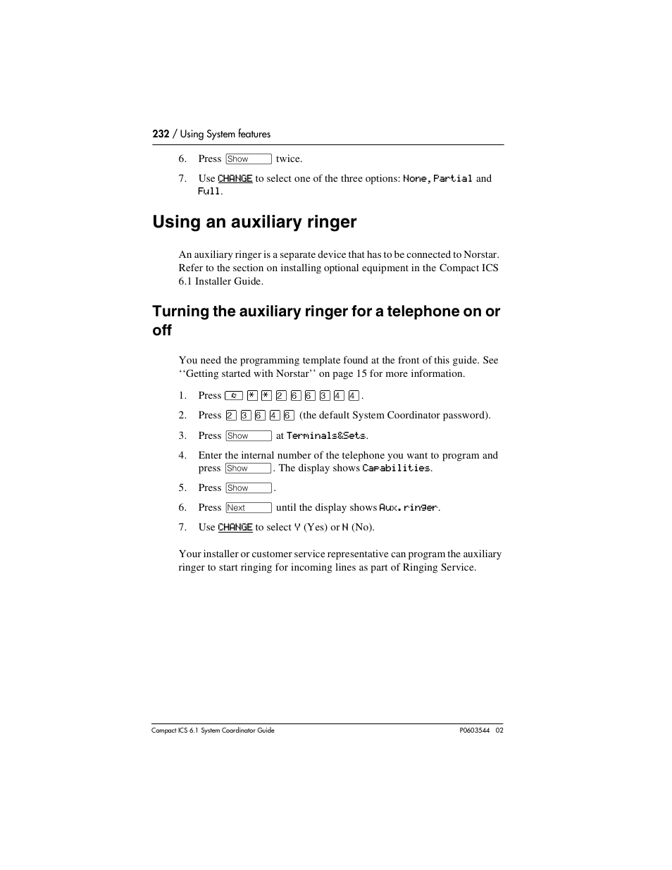 Using an auxiliary ringer, Using an auxiliary ringer 232 | Nortel Networks 6.1 User Manual | Page 232 / 278