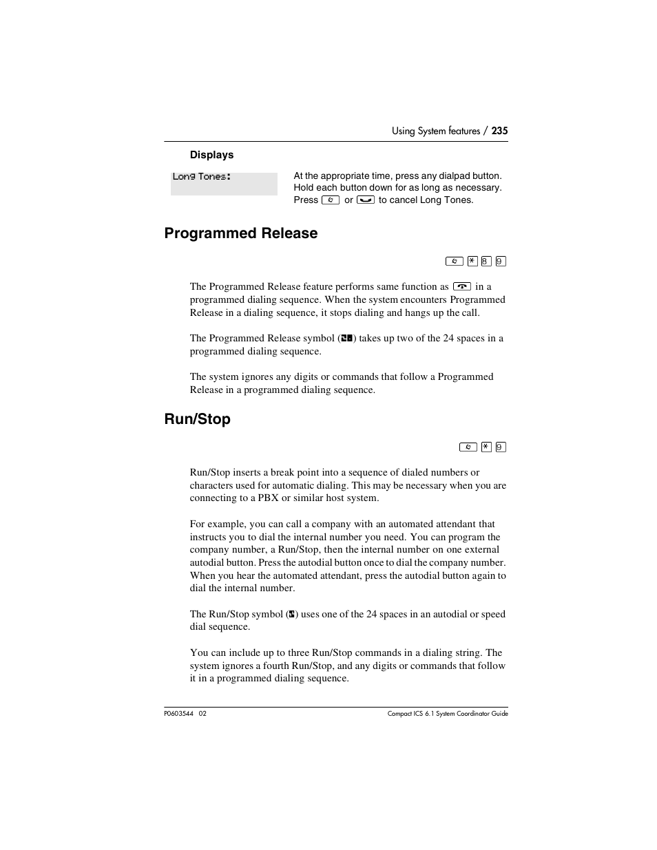 Programmed release, Run/stop, Programmed release 235 | Run/stop 235 | Nortel Networks 6.1 User Manual | Page 235 / 278