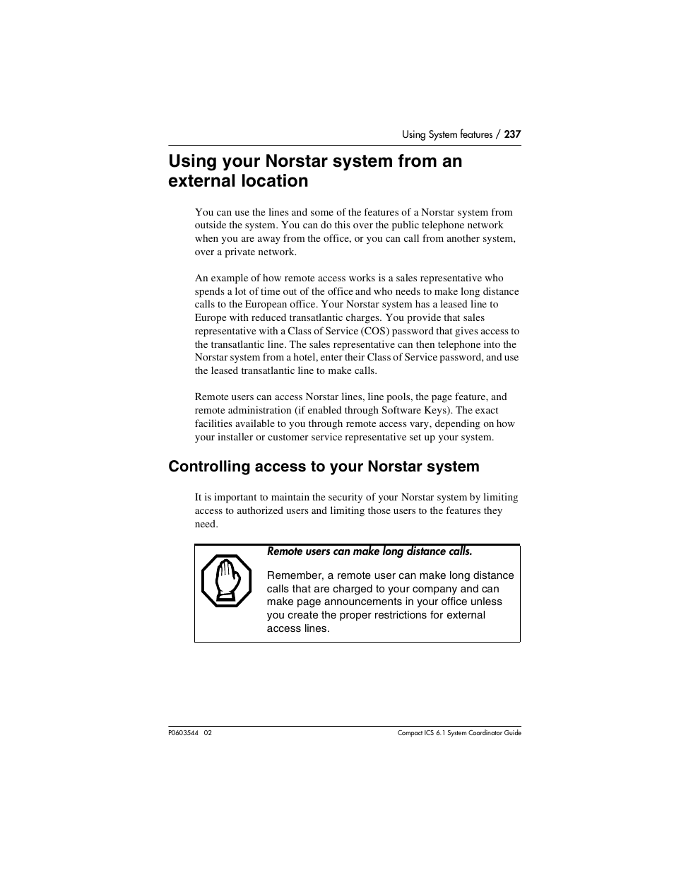 Controlling access to your norstar system, Controlling access to your norstar system 237 | Nortel Networks 6.1 User Manual | Page 237 / 278
