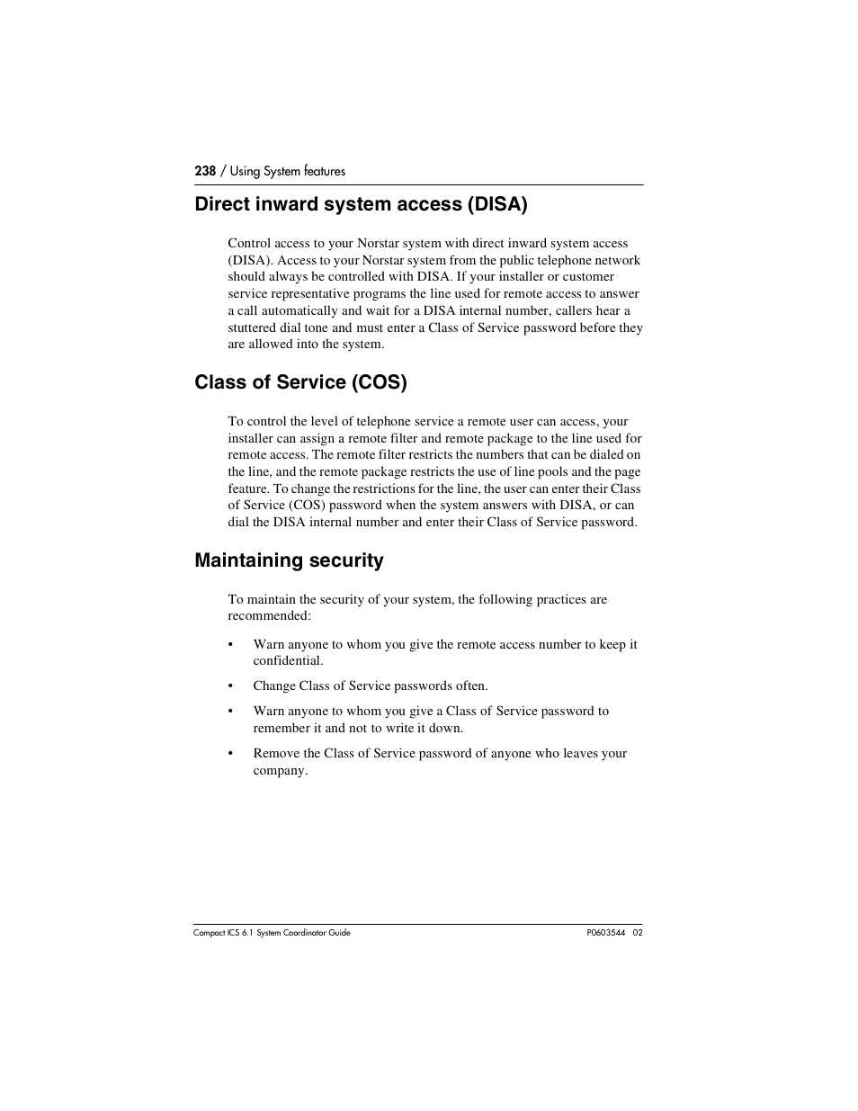 Direct inward system access (disa), Class of service (cos), Maintaining security | Class of service (cos) 238, Maintaining security 238 | Nortel Networks 6.1 User Manual | Page 238 / 278