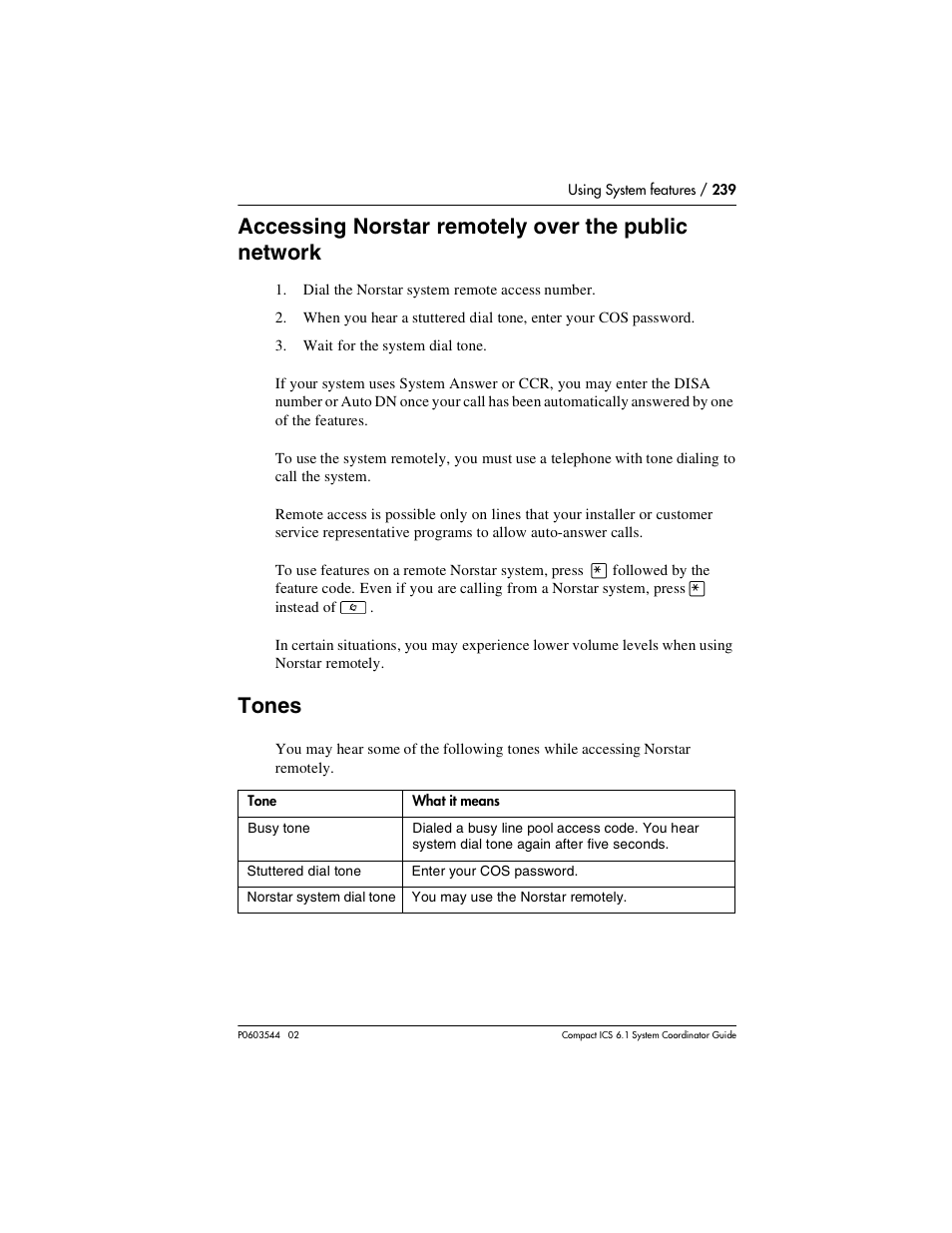 Accessing norstar remotely over the public network, Tones, Tones 239 | Nortel Networks 6.1 User Manual | Page 239 / 278