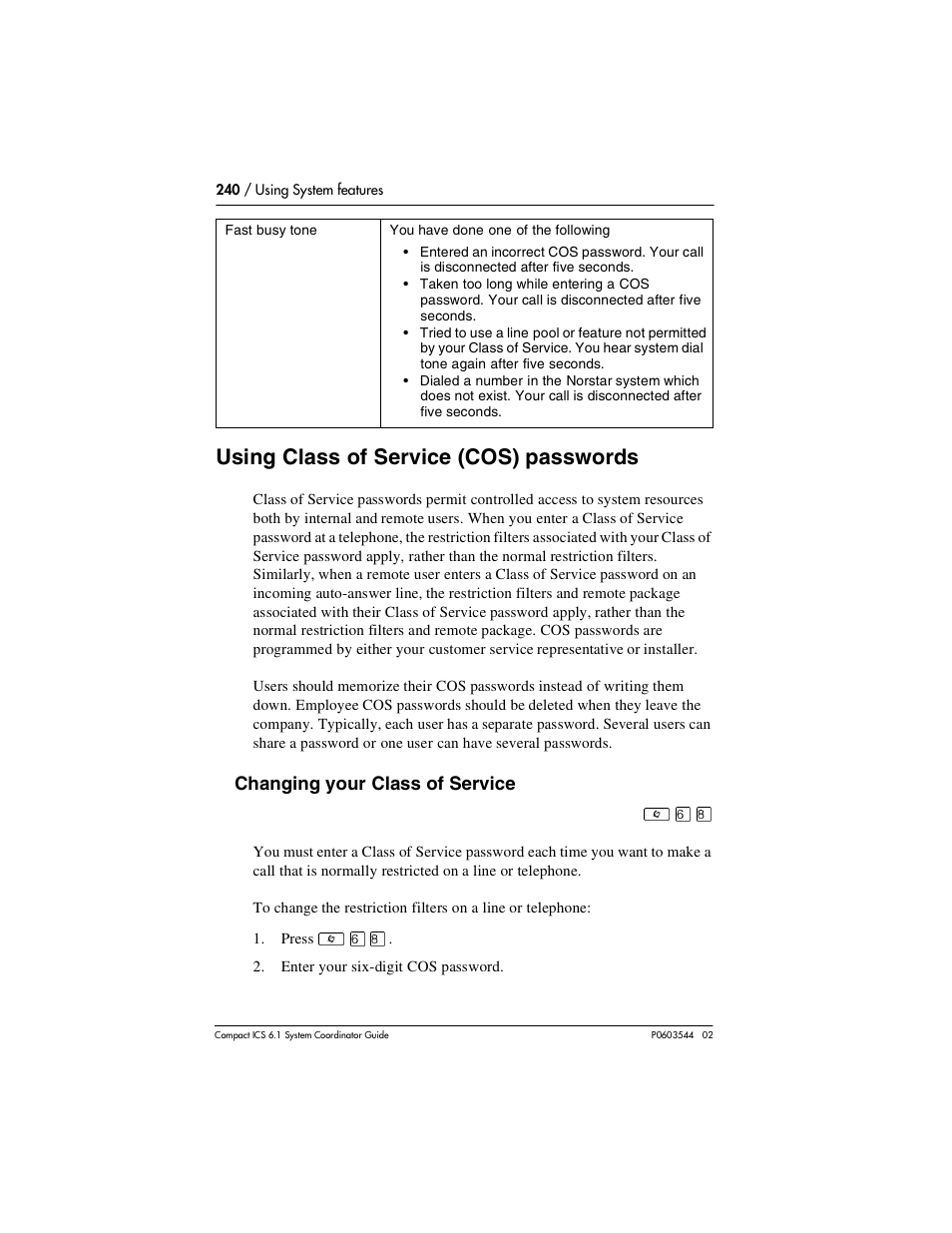 Using class of service (cos) passwords, Using class of service (cos) passwords 240, Changing your class of service | Nortel Networks 6.1 User Manual | Page 240 / 278