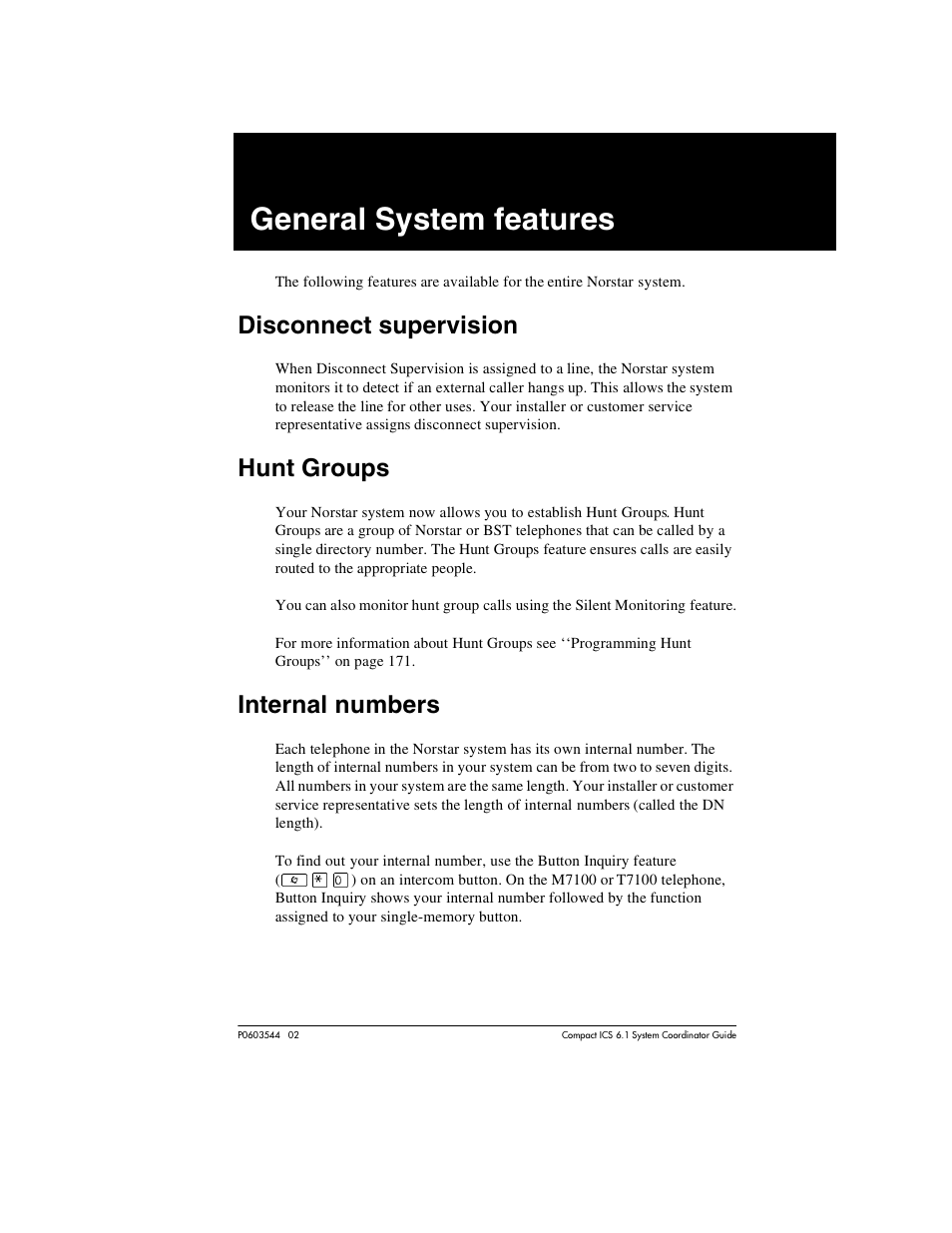 General system features, Disconnect supervision, Hunt groups | Internal numbers, General system features 243, Disconnect supervision 243, Hunt groups 243, Internal numbers 243 | Nortel Networks 6.1 User Manual | Page 243 / 278
