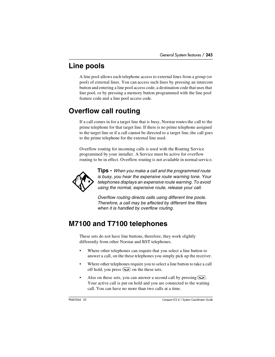 Line pools, Overflow call routing, M7100 and t7100 telephones | Line pools 245, Overflow call routing 245, M7100 and t7100 telephones 245 | Nortel Networks 6.1 User Manual | Page 245 / 278