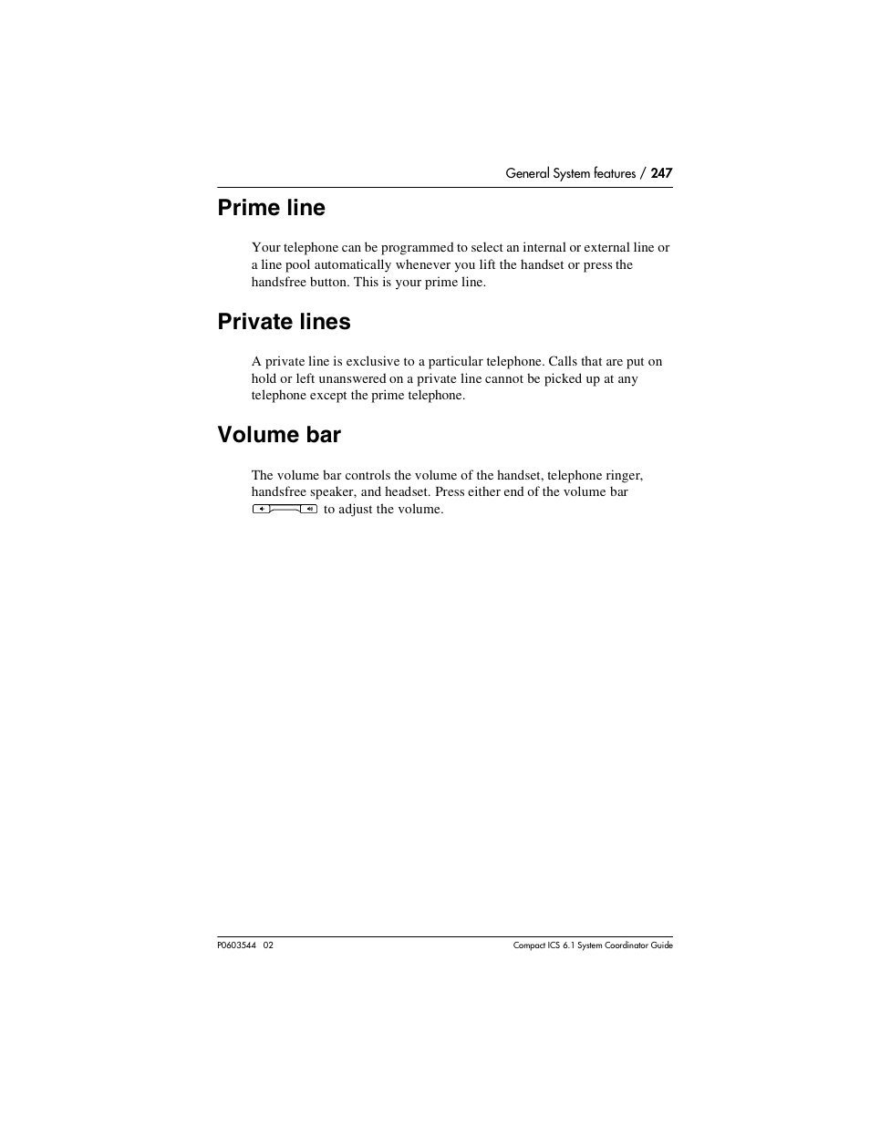 Prime line, Private lines, Volume bar | Prime line 247, Private lines 247, Volume bar 247 | Nortel Networks 6.1 User Manual | Page 247 / 278