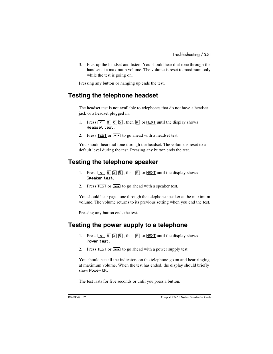 Testing the telephone headset, Testing the telephone speaker, Testing the power supply to a telephone | Testing the telephone headset 251, Testing the telephone speaker 251, Testing the power supply to a telephone 251 | Nortel Networks 6.1 User Manual | Page 251 / 278