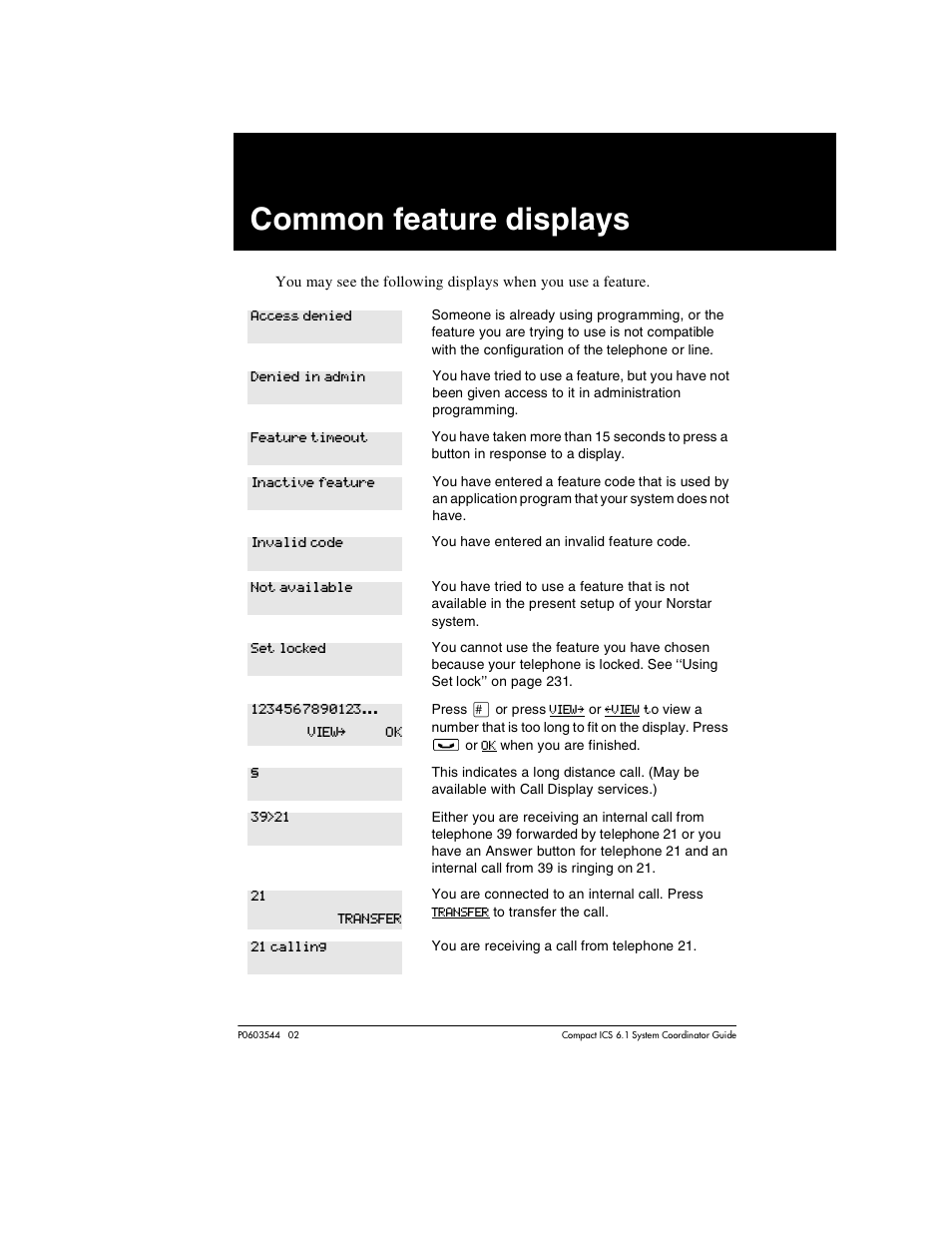 Common feature displays, Common feature displays 253 | Nortel Networks 6.1 User Manual | Page 253 / 278