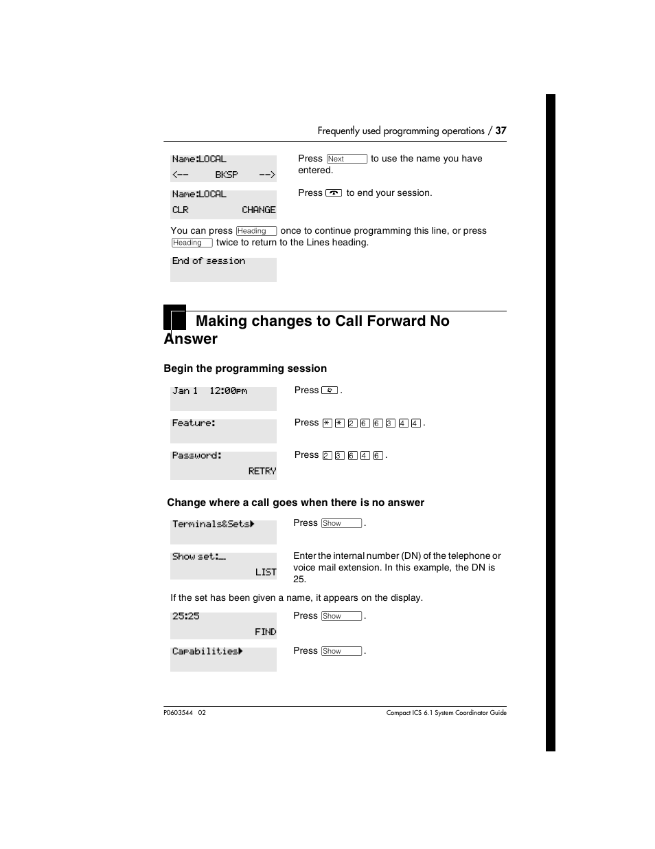 Making changes to call forward no answer, Making changes to call forward no answer 37 | Nortel Networks 6.1 User Manual | Page 37 / 278